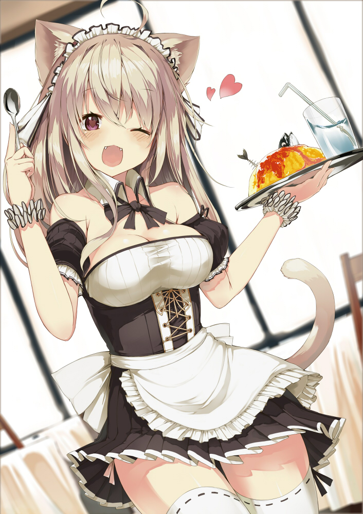 animal_ears, cleavage, dress, maid, moe2015, nekomimi, pantsu, string_panties, tail, thighhighs, waitress, yuui_hutabakirage