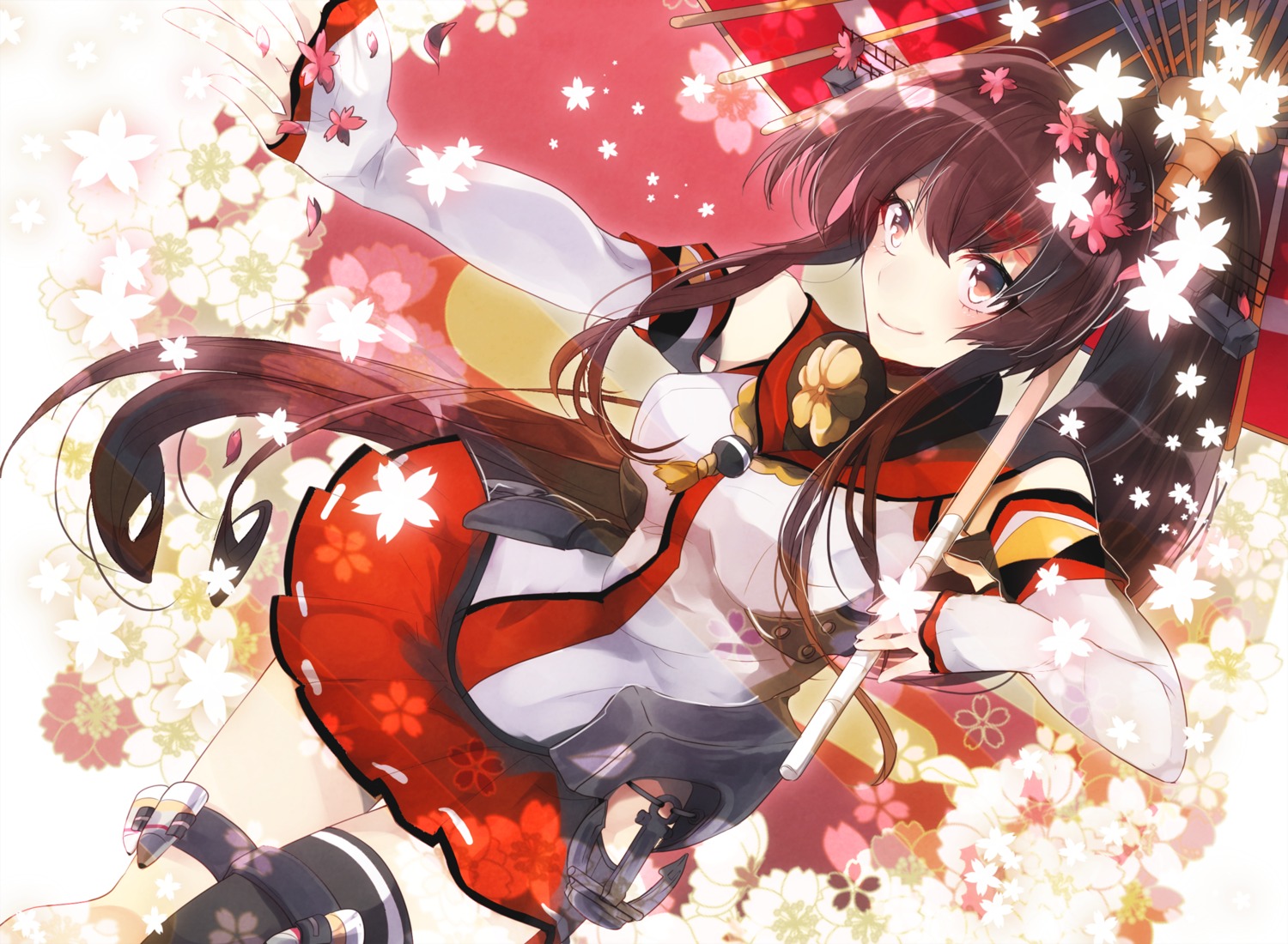 kantai_collection, thighhighs, umbrella, yakusuke, yamato_(kancolle)
