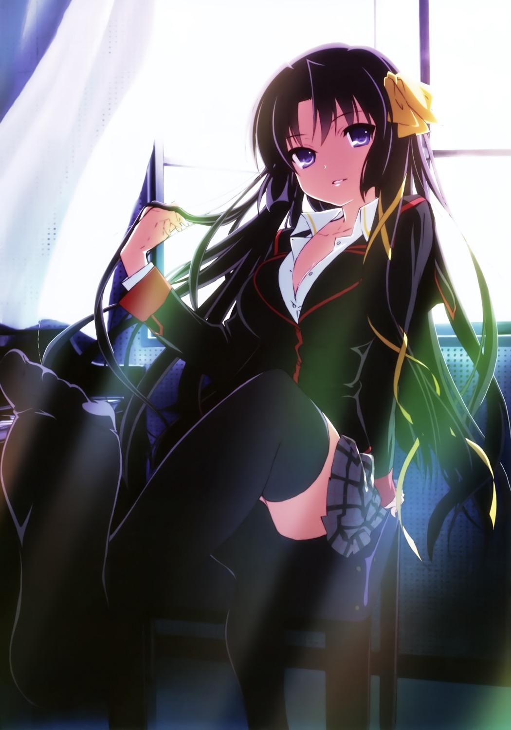 cleavage, feet, iizuka_haruko, kurugaya_yuiko, little_busters!, open_shirt, seifuku, thighhighs
