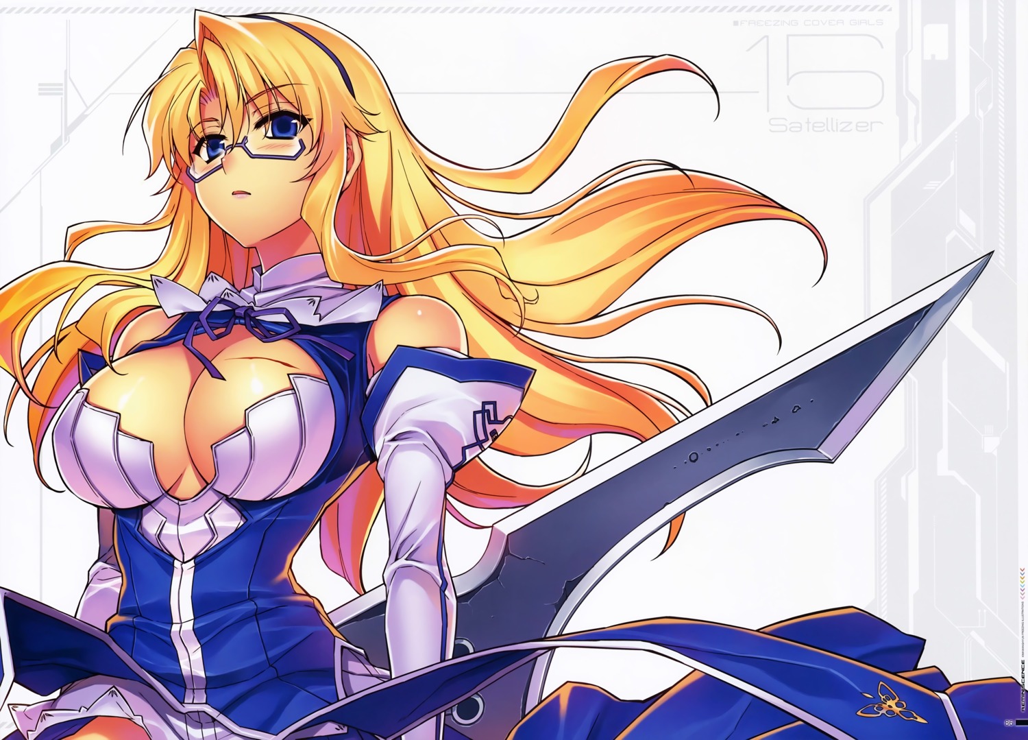 blood, cleavage, dress, freezing, kim_kwang-hyun, megane, no_bra, satellizer_el_bridget, weapon