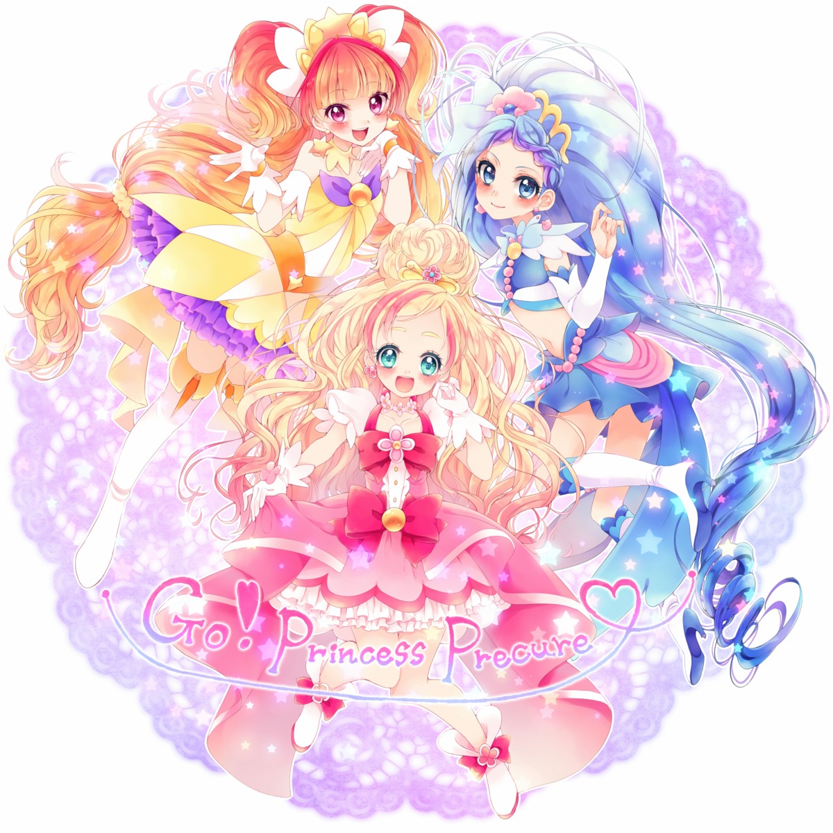 amanogawa_kirara, dress, go!_princess_precure, haruno_haruka, heels, kaidou_minami, precure, thighhighs, uzuki_aki