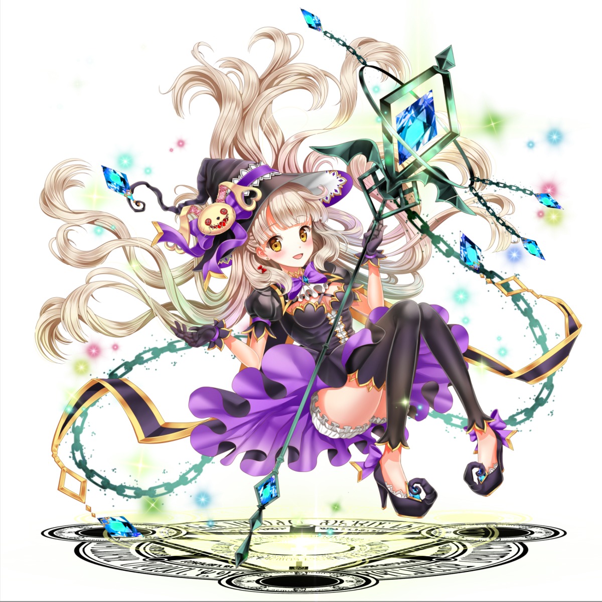 bloomers, cleavage, dress, heels, mayu_(vocaloid), sakura_moyon, thighhighs, vocaloid, weapon, witch