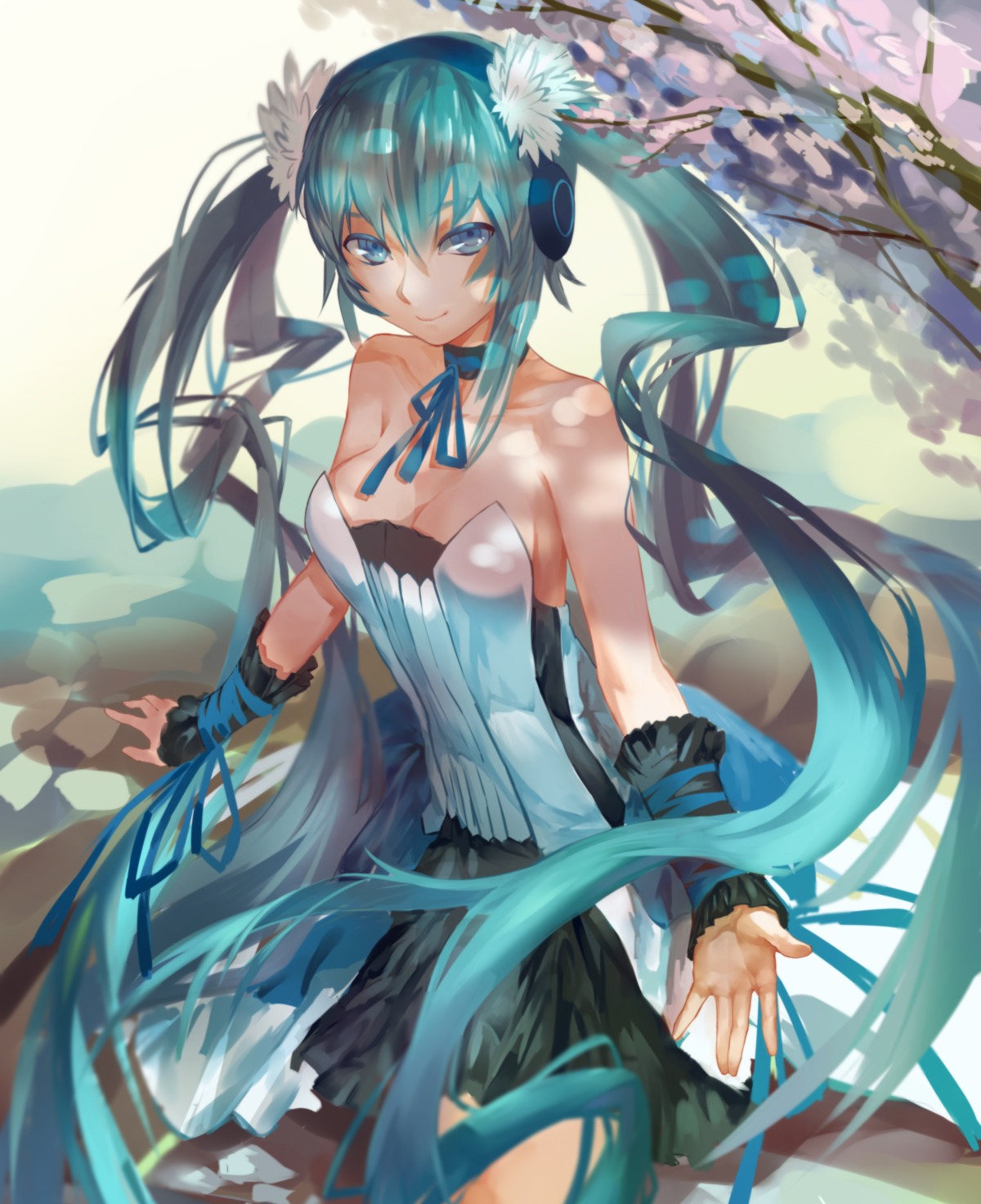 7th_dragon, 7th_dragon_2020, azomo, cleavage, dress, hatsune_miku, headphones, vocaloid
