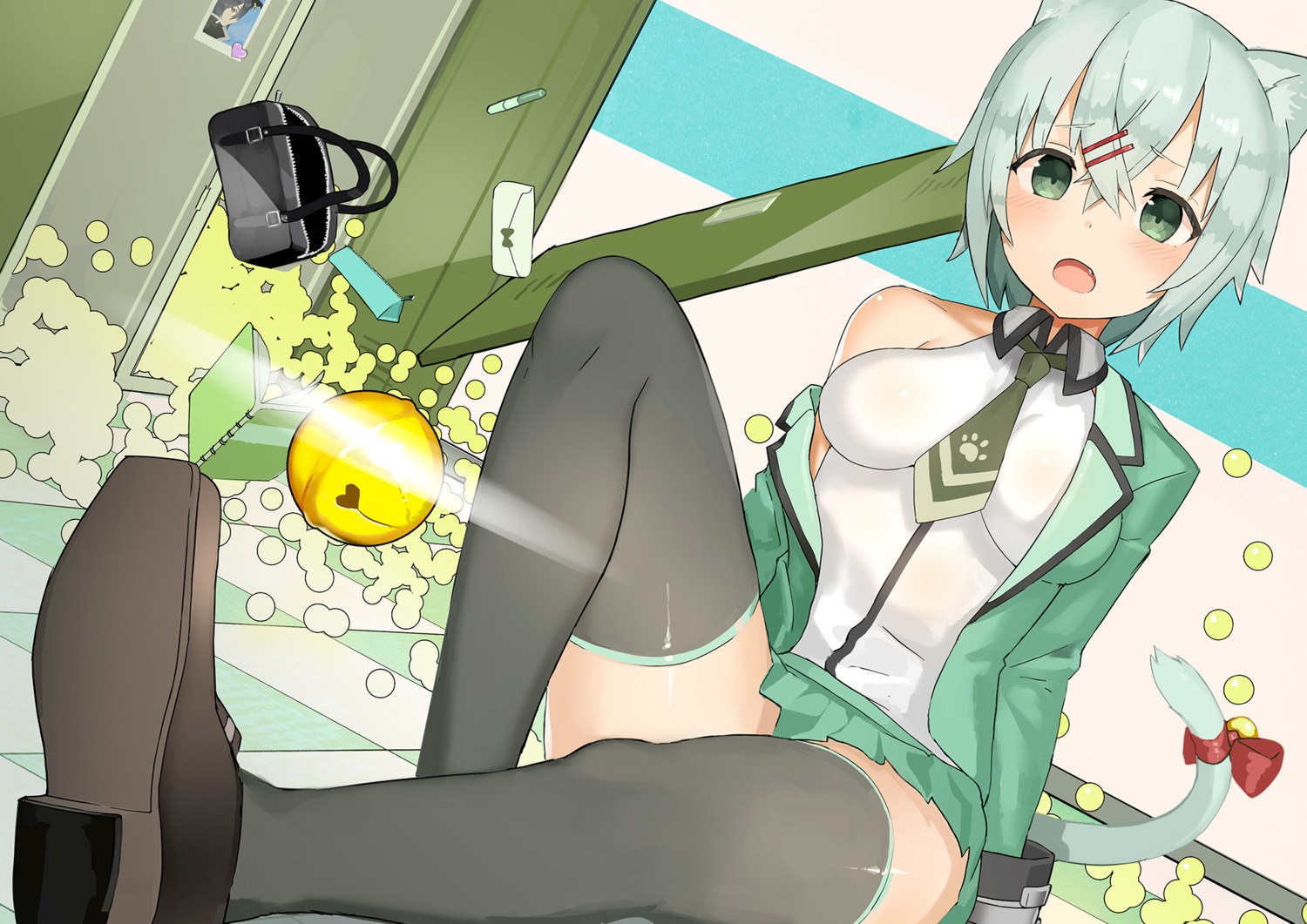 animal_ears, ccaw, nekomimi, open_shirt, tail, thighhighs