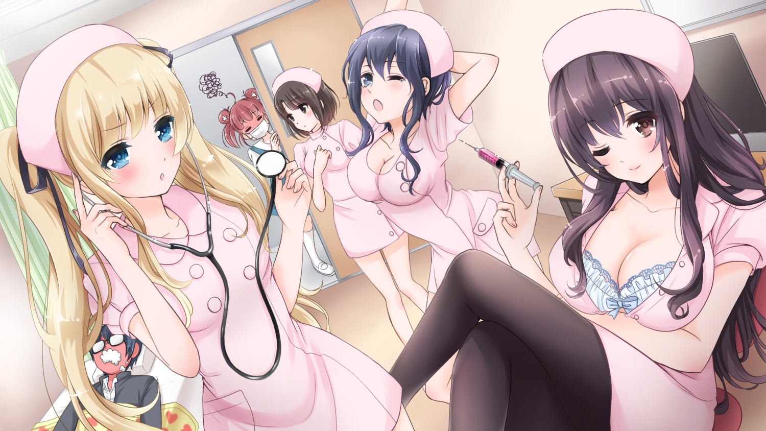 aki_tomoya, bra, cleavage, hashima_izumi, hyoudou_michiru, kasumigaoka_utaha, katou_megumi, nanairo_fuuka, nurse, open_shirt, pantyhose, saenai_heroine_no_sodatekata, sawamura_spencer_eriri
