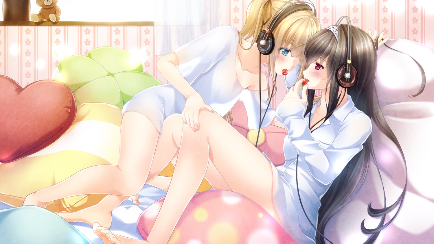 feet, headphones, kasumigaoka_utaha, no_bra, saenai_heroine_no_sodatekata, sakura_yayoi, sawamura_spencer_eriri, see_through
