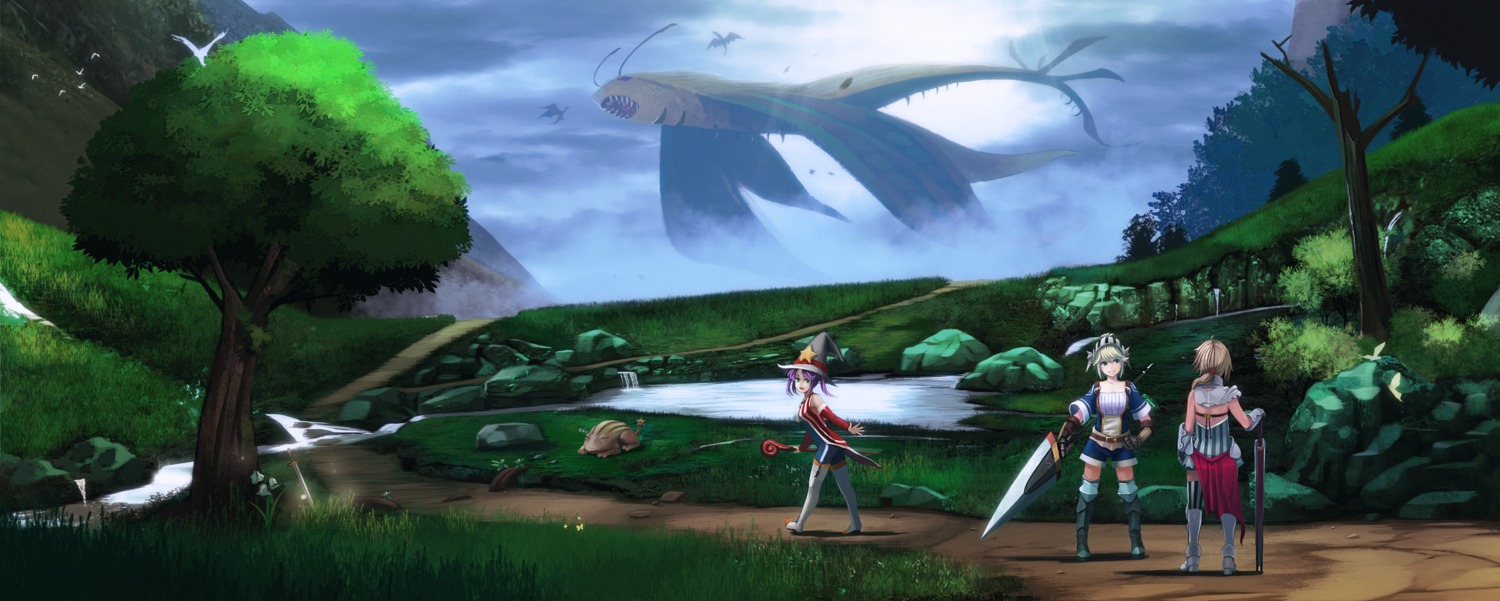armor, elrowa, heels, landscape, monster, stockings, sword, thighhighs, weapon, witch