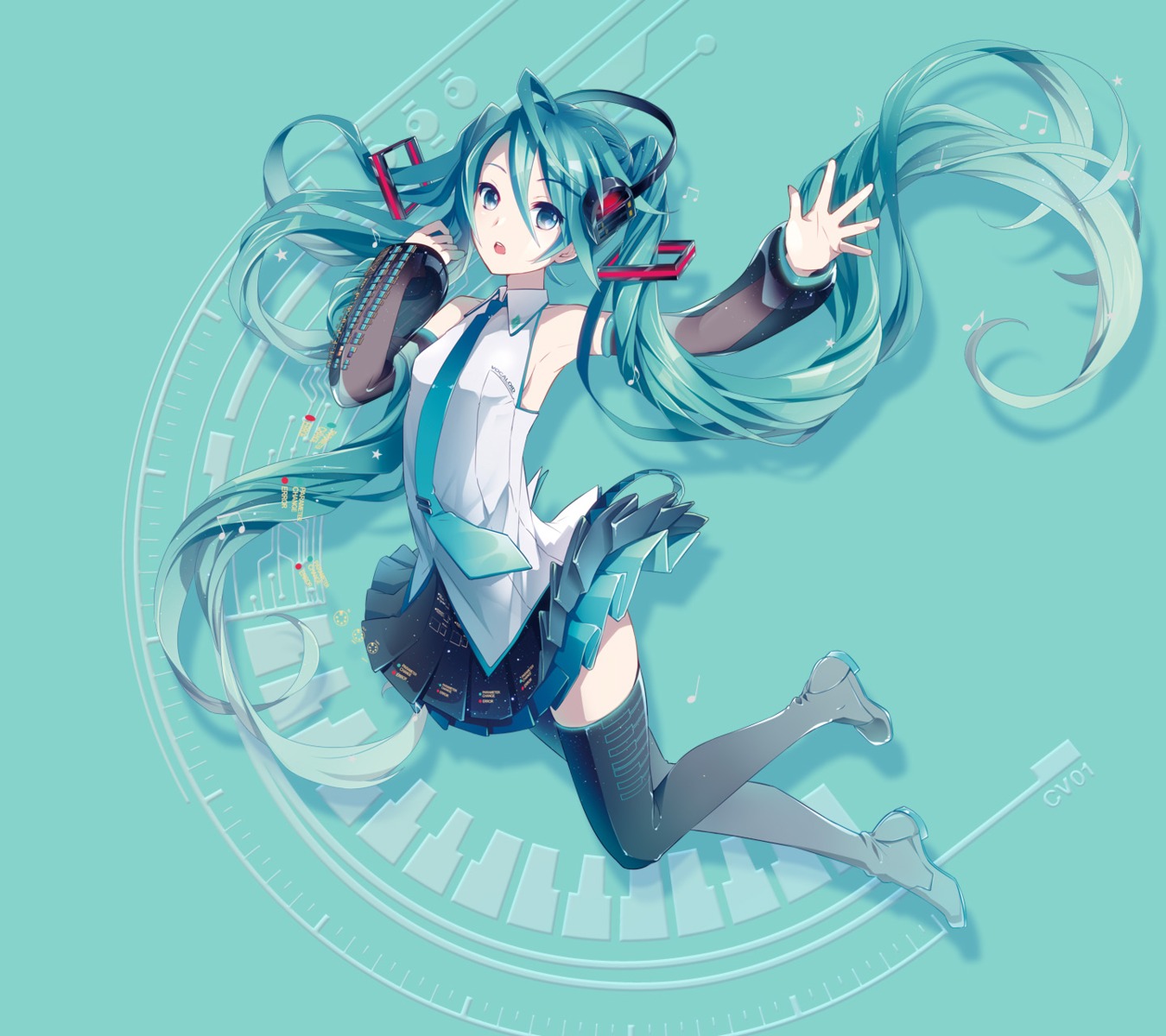 hatsune_miku, headphones, ixima, thighhighs, vocaloid