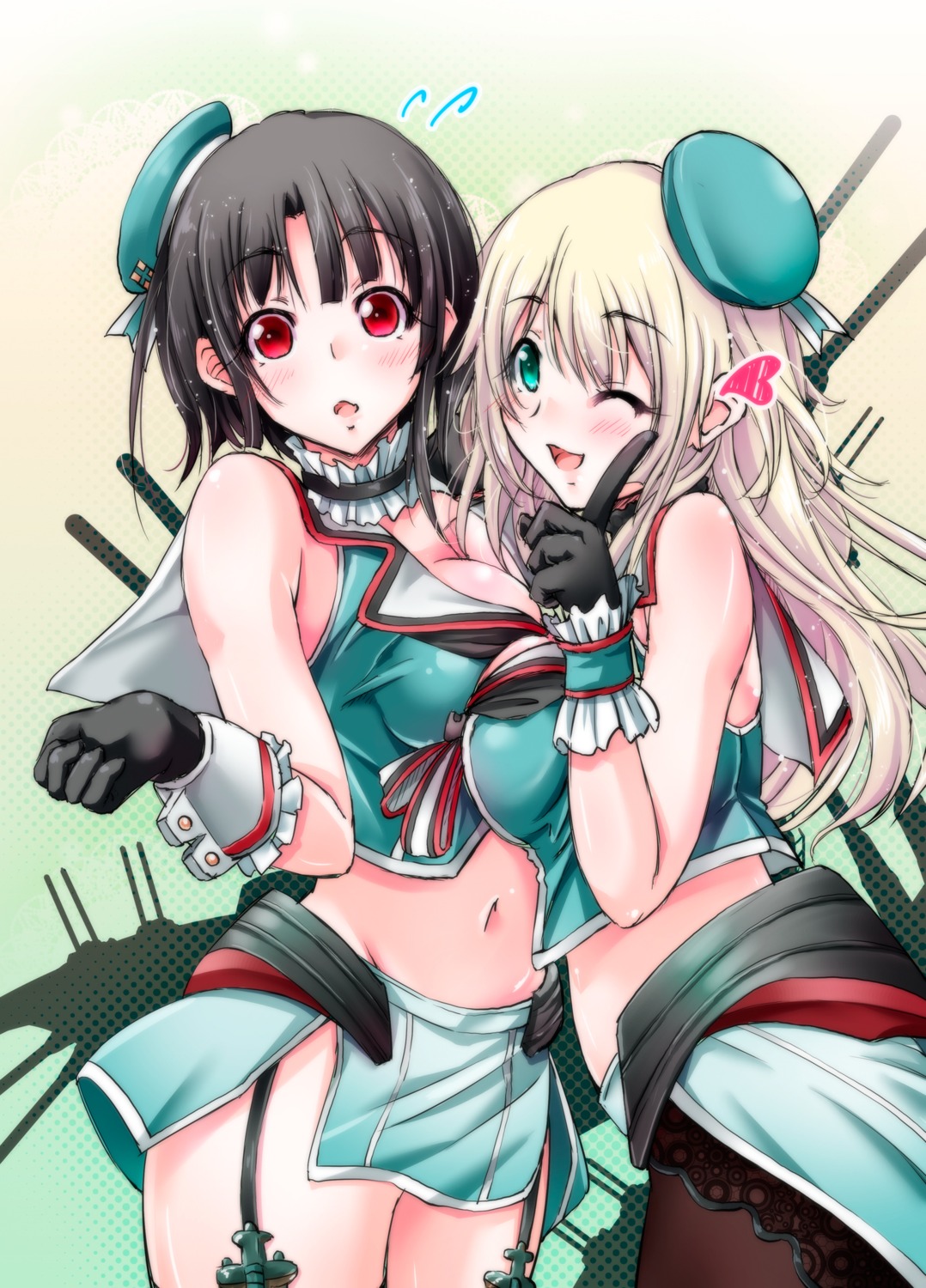 atago_(kancolle), cleavage, kantai_collection, pantyhose, stockings, symmetrical_docking, takao_(kancolle), thighhighs, tsukineko