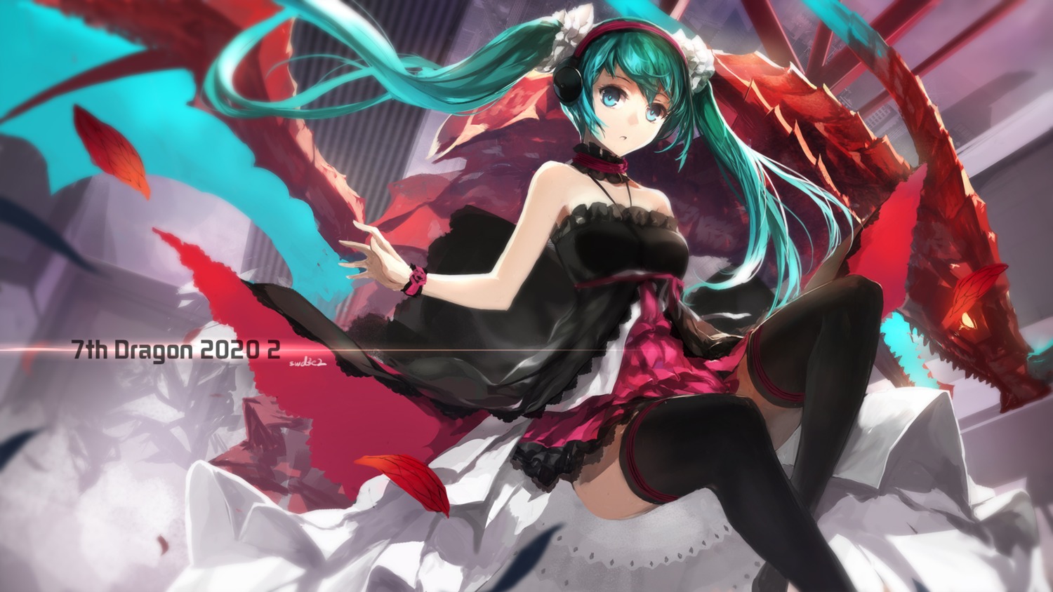 7th_dragon, 7th_dragon_2020-ii, dress, hatsune_miku, headphones, swd3e2, thighhighs, vocaloid