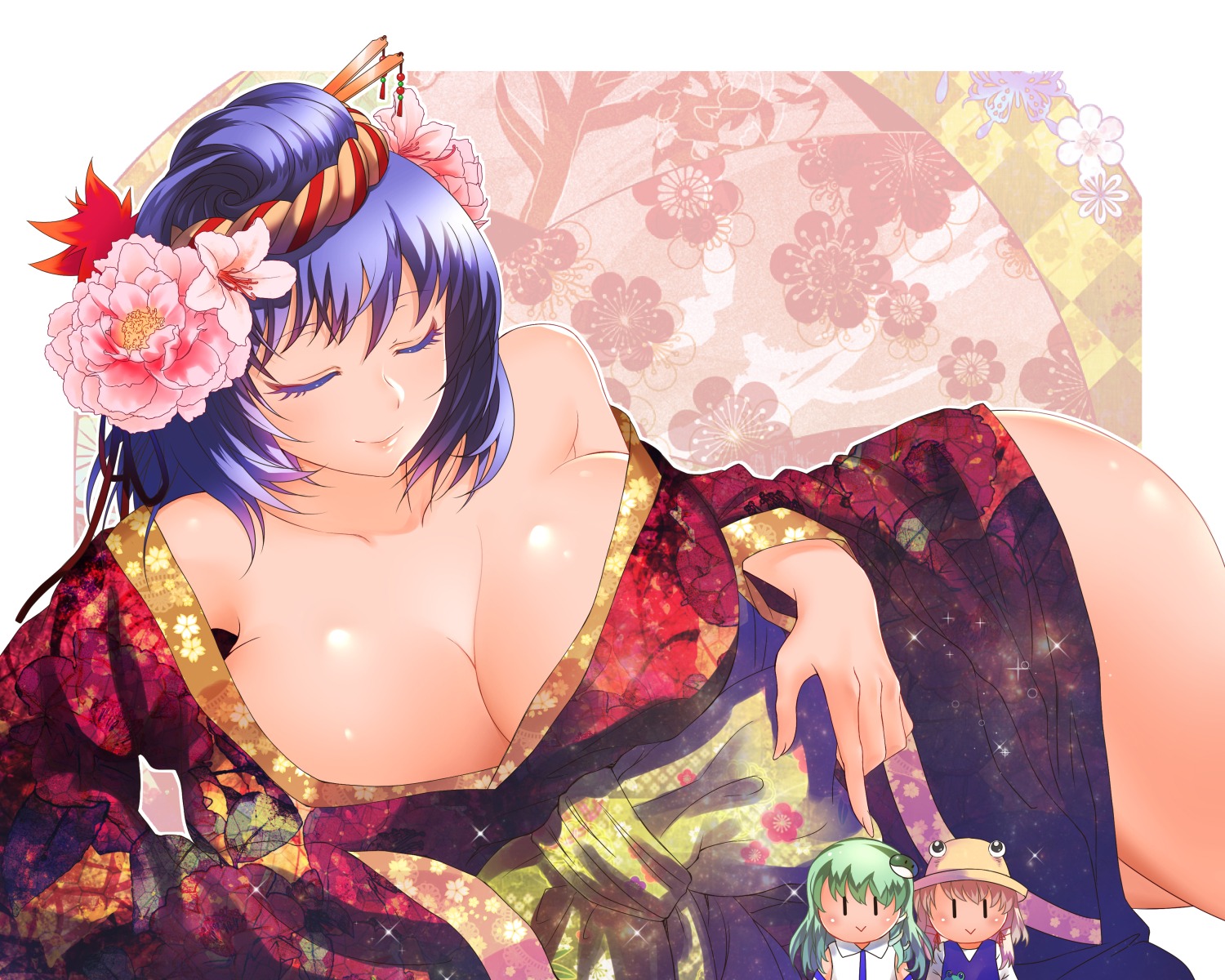 cleavage, kimono, kochiya_sanae, moriya_suwako, open_shirt, touhou, x&x&x, yasaka_kanako