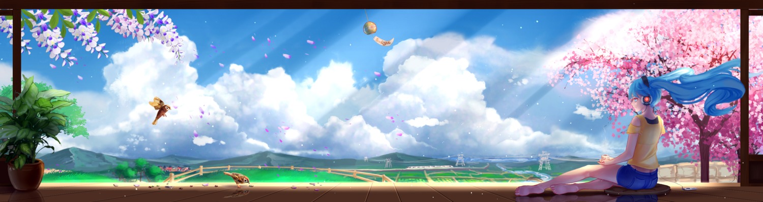 feet, hatsune_miku, headphones, landscape, vocaloid, wei_ji