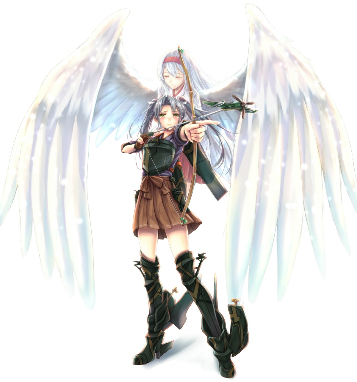 heels, kantai_collection, kirieroido_iii, shoukaku_(kancolle), thighhighs, weapon, wings, zuikaku_(kancolle)