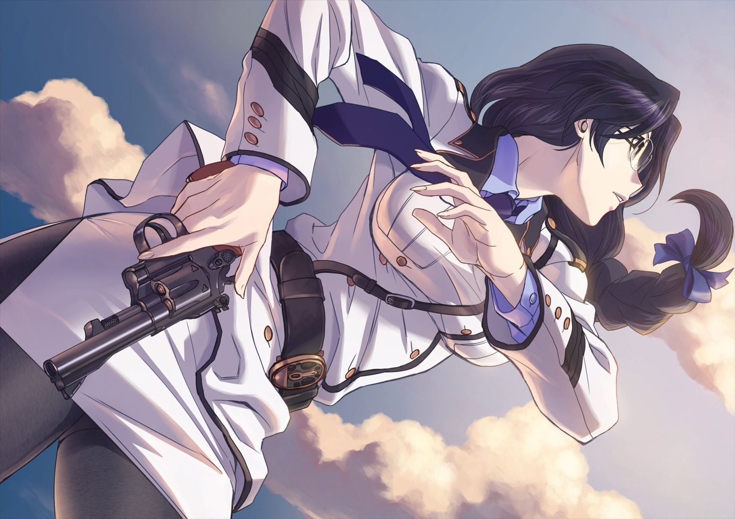endcard, gono_hitomi, hiroe_rei, megane, pantyhose, rail_wars!, uniform, weapon