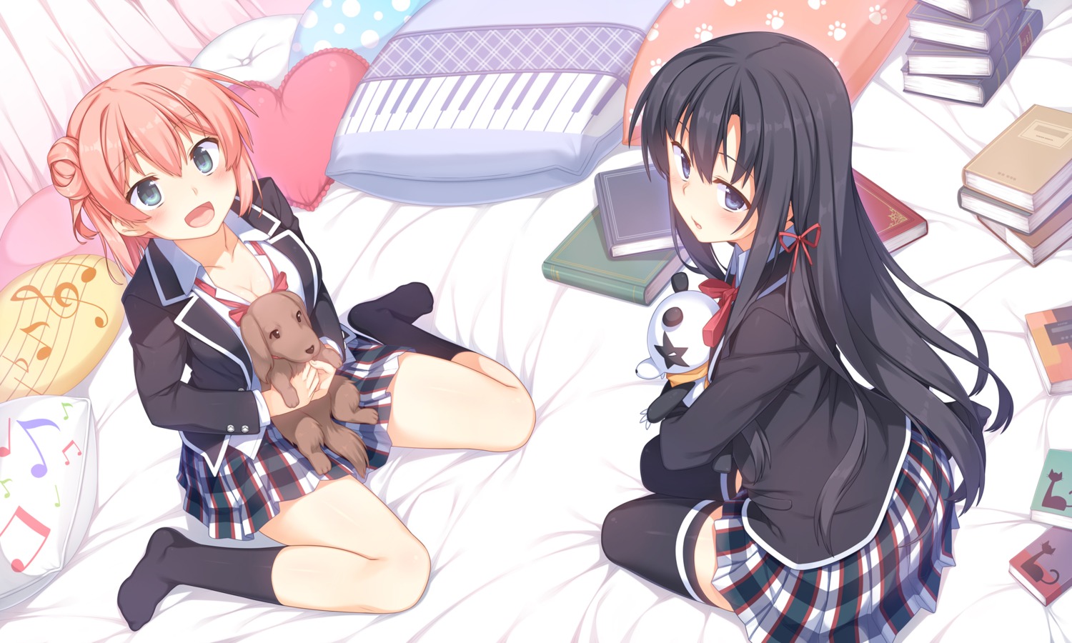 cleavage, open_shirt, racer_(magnet), seifuku, thighhighs, yahari_ore_no_seishun_lovecome_wa_machigatteiru., yuigahama_yui, yukinoshita_yukino