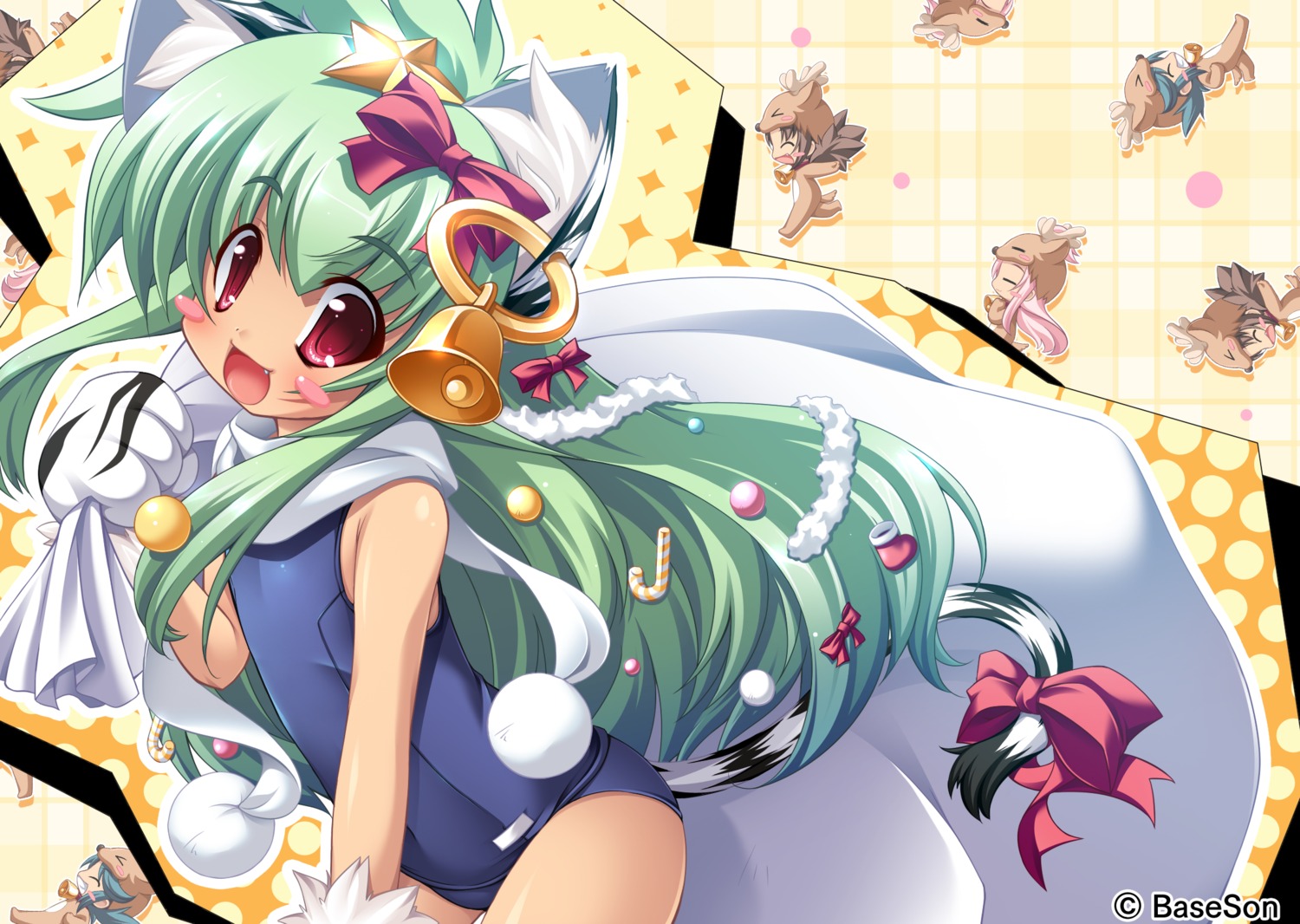 animal_ears, chibi, christmas, koihime_musou, kuwada_yuuki, mike_(koihime_musou), moukaku, school_swimsuit