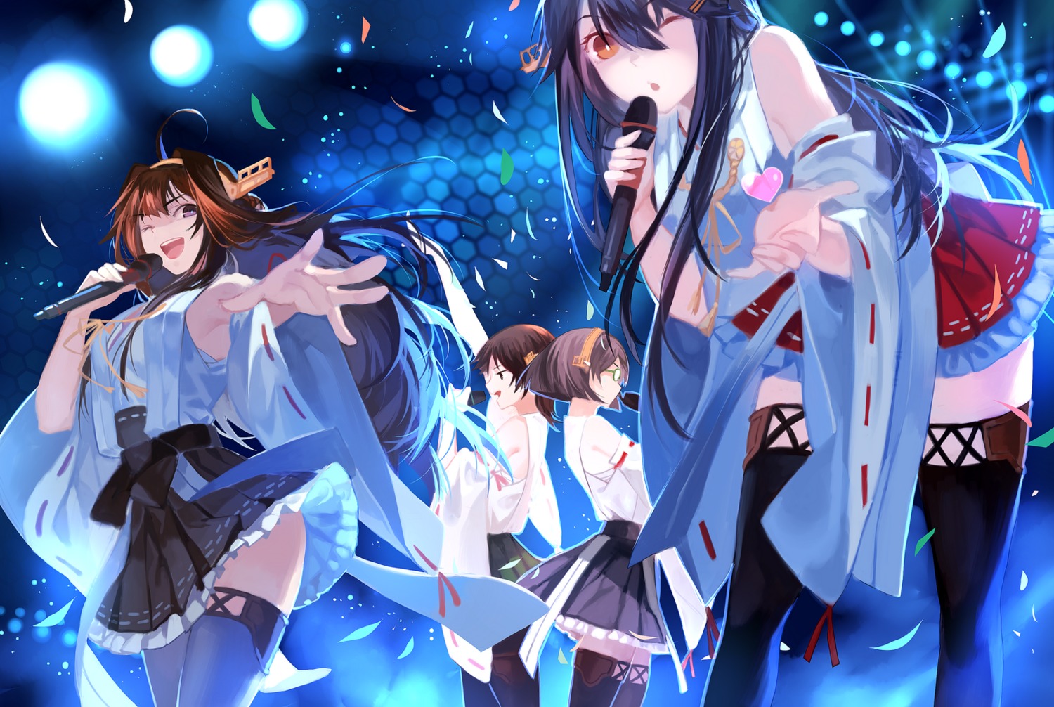 haruna_(kancolle), hiei_(kancolle), joseph_lee, kantai_collection, kirishima_(kancolle), kongou_(kancolle), megane, sarashi, thighhighs