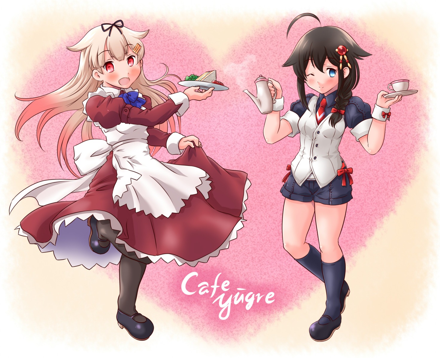 kanon_(kurogane_knights), kantai_collection, pantyhose, shigure_(kancolle), waitress, yuudachi_(kancolle)