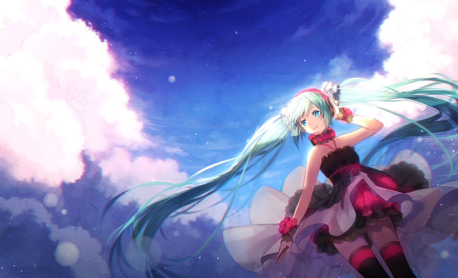 7th_dragon_2020-ii, dress, hakusai_(tiahszld), hatsune_miku, headphones, thighhighs, vocaloid