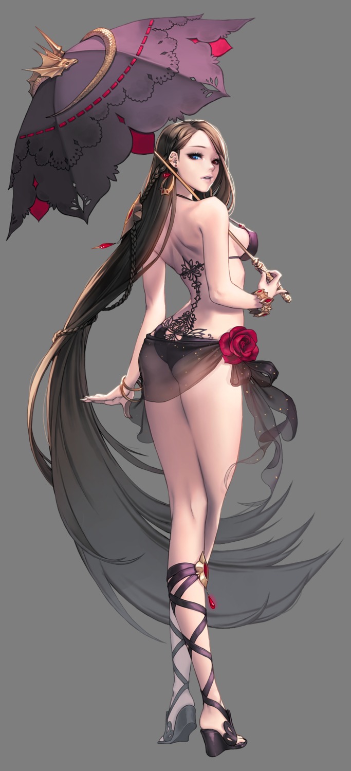 ass, bikini, chaos_hero_online, heels, heterochromia, love_cacao, medusa_(chaos_hero_online), see_through, swimsuits, tattoo, transparent_png, umbrella