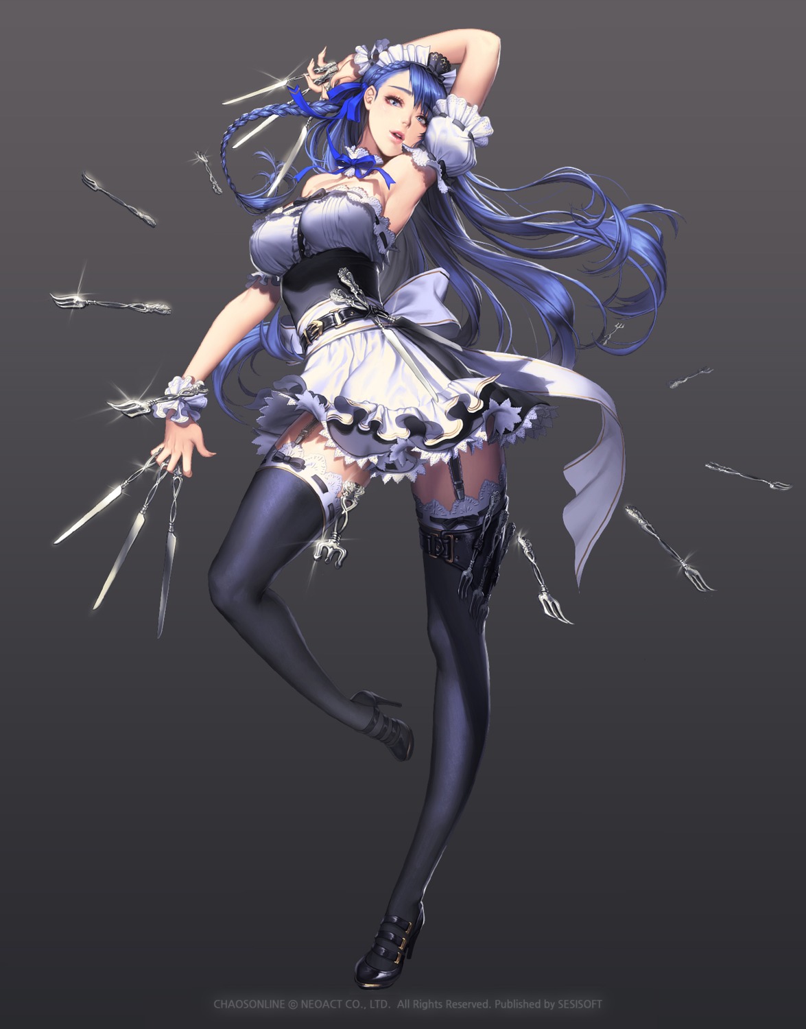 chaos_hero_online, heels, love_cacao, maid, reiden, stockings, thighhighs, weapon