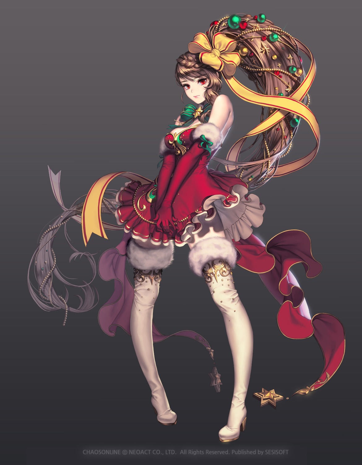 chaos_hero_online, christmas, cleavage, dress, heels, kali, love_cacao, thighhighs