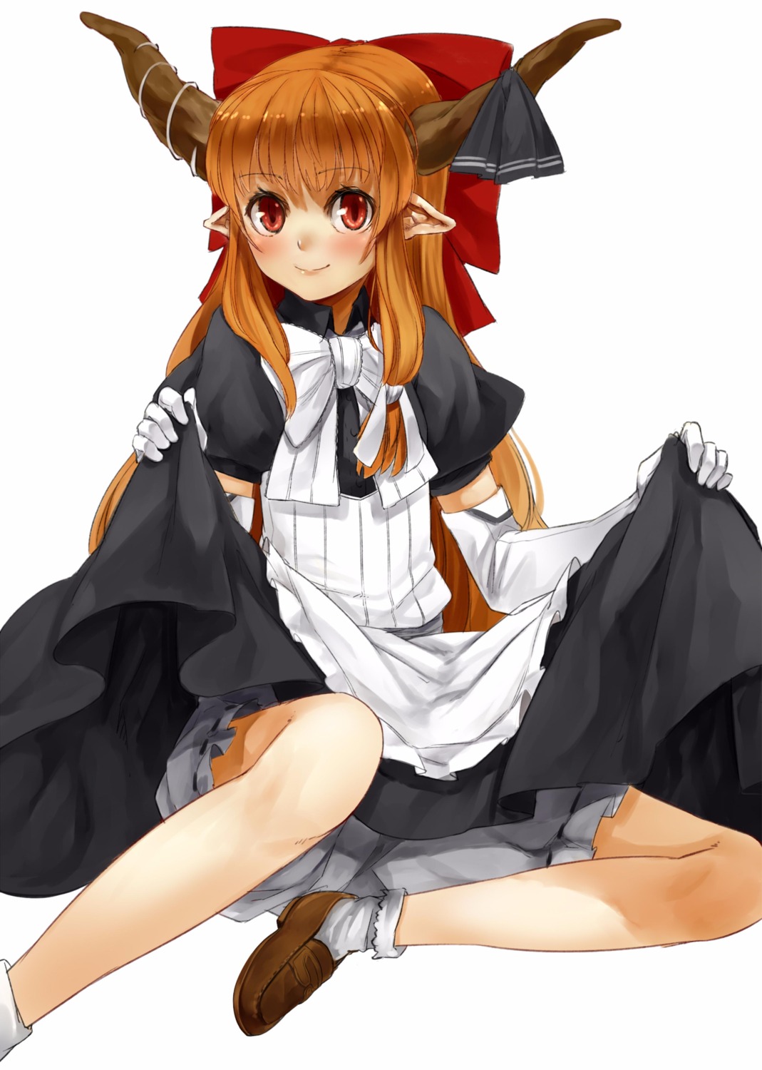 bloomers, dress, horns, ibuki_suika, nishiuri, pointy_ears, skirt_lift, touhou
