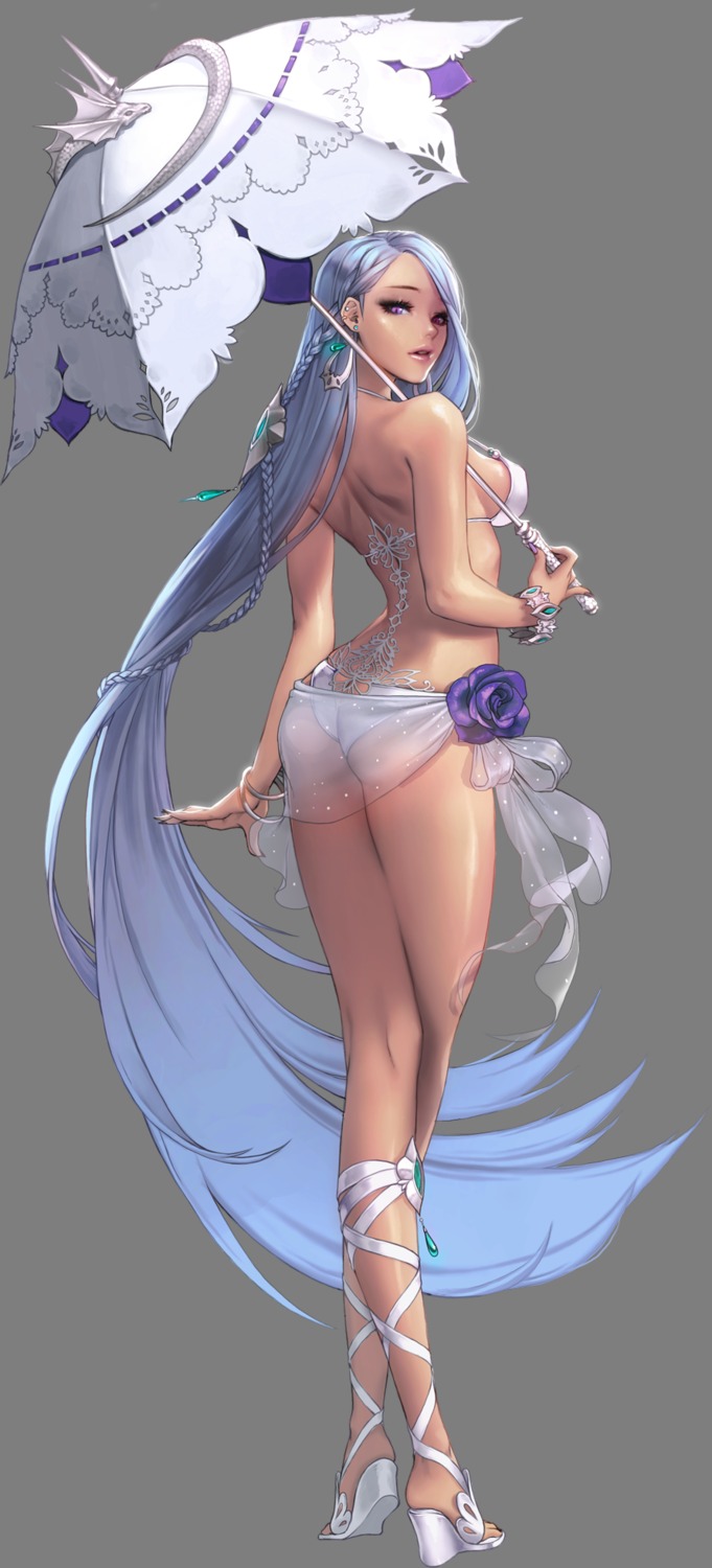 ass, bikini, chaos_hero_online, heels, heterochromia, love_cacao, medusa_(chaos_hero_online), see_through, swimsuits, tattoo, transparent_png, umbrella
