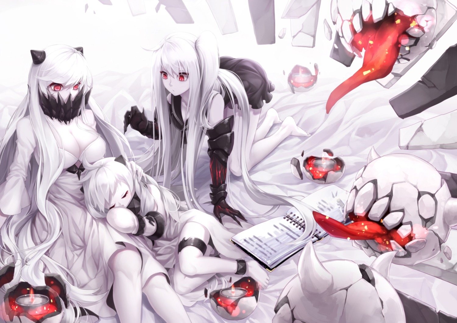 aircraft_carrier_oni, cleavage, curry_bowl, dress, feet, horns, kantai_collection, midway_hime, northern_ocean_hime, seifuku
