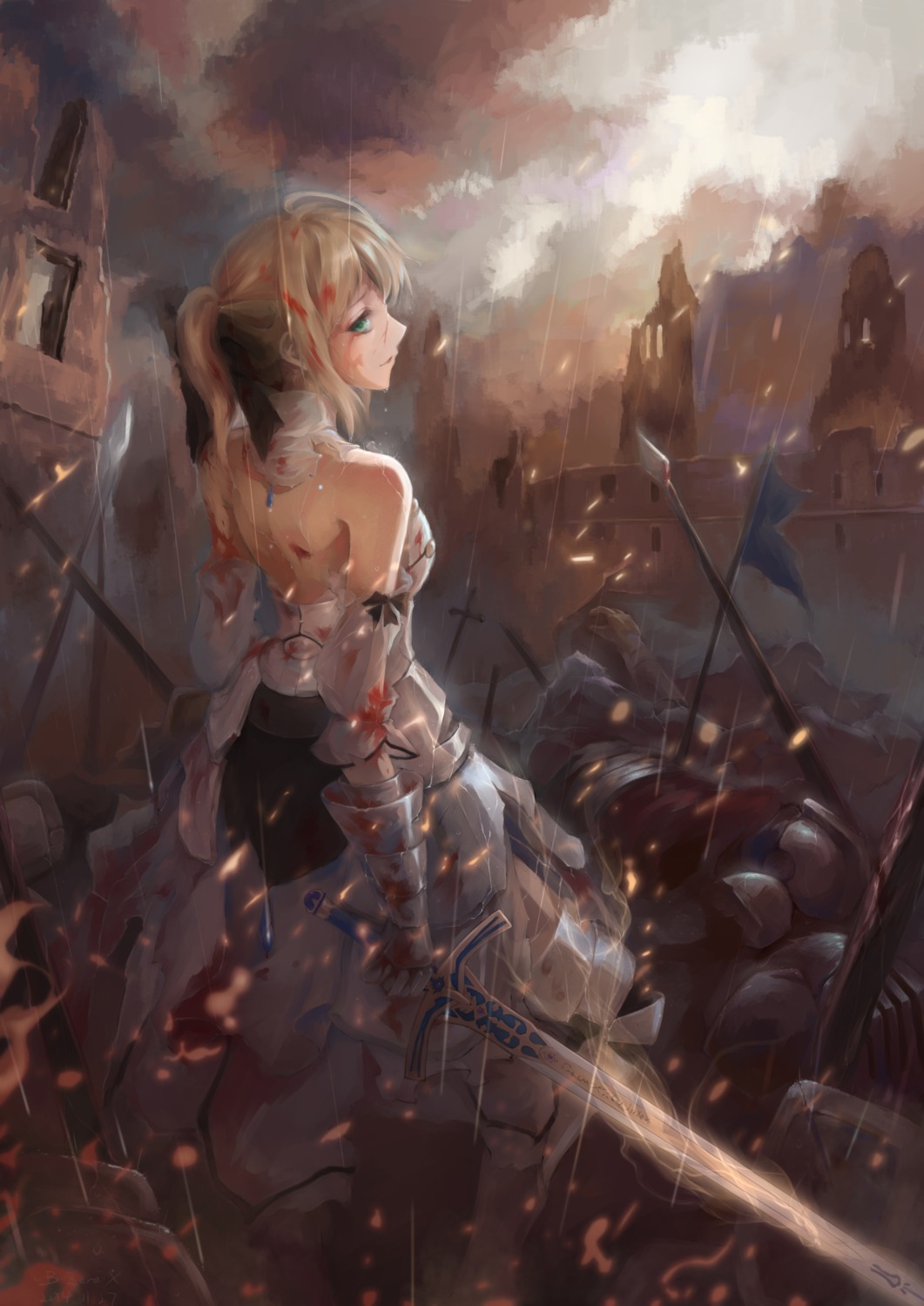 armor, artoria_pendragon_(fate), blood, bzerox, dress, fate/stay_night, fate/unlimited_codes, sword