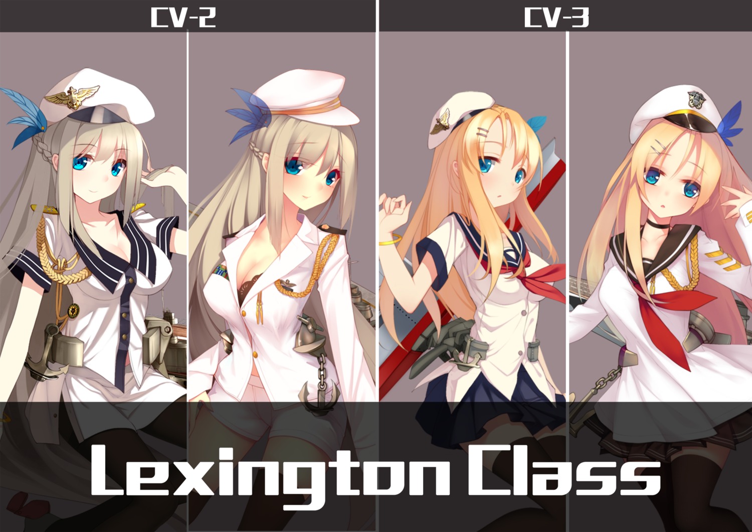 bra, cleavage, heels, lexington_(zhanjianshaonv), pantyhose, saratoga_(zhanjianshaonv), seifuku, suisai.