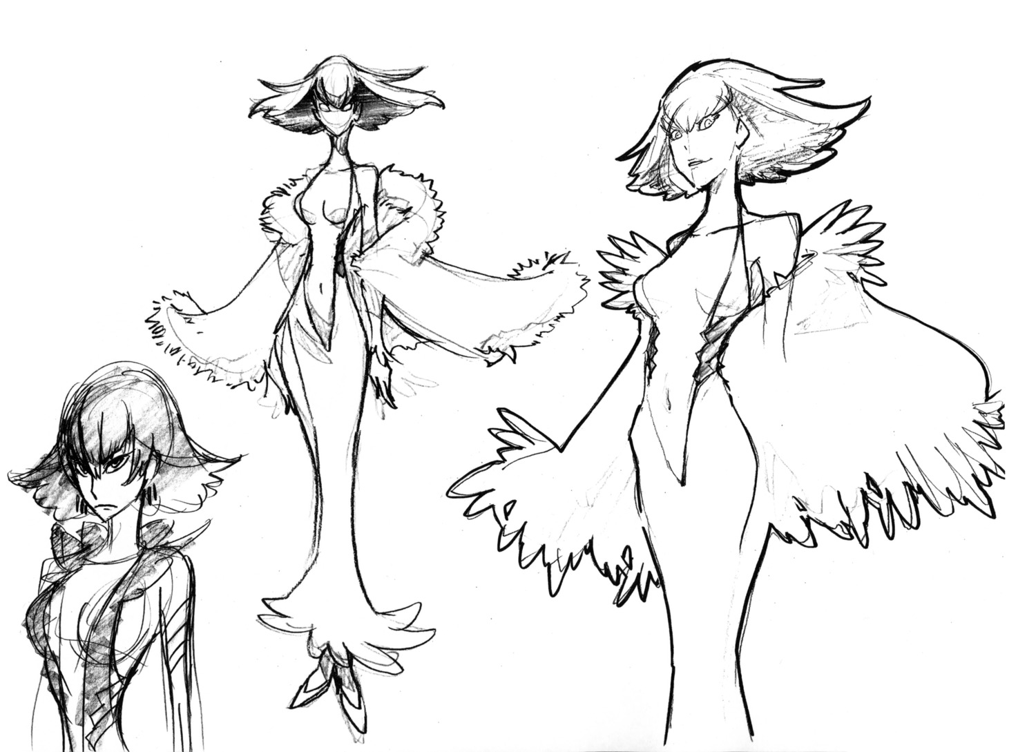 dress, kill_la_kill, kiryuuin_ragyou, monochrome, open_shirt, sketch, sushio