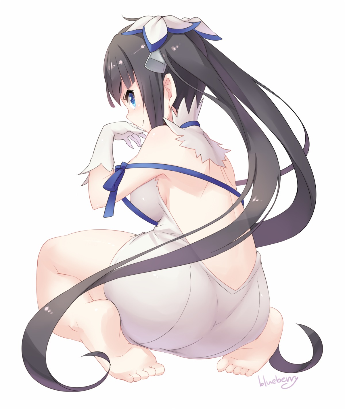 ass, blueberry_(5959), dress, dungeon_ni_deai_wo_motomeru_no_wa_machigatteiru_darou_ka, feet, hestia_(danmachi), no_bra