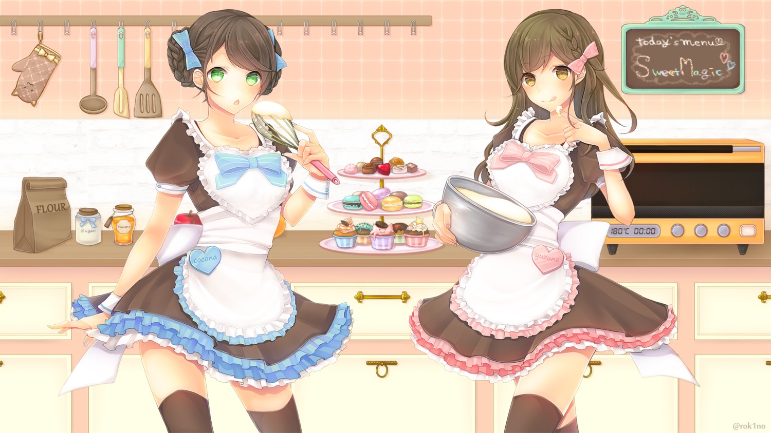 akatsuki_rokino, dress, thighhighs, waitress, wallpaper