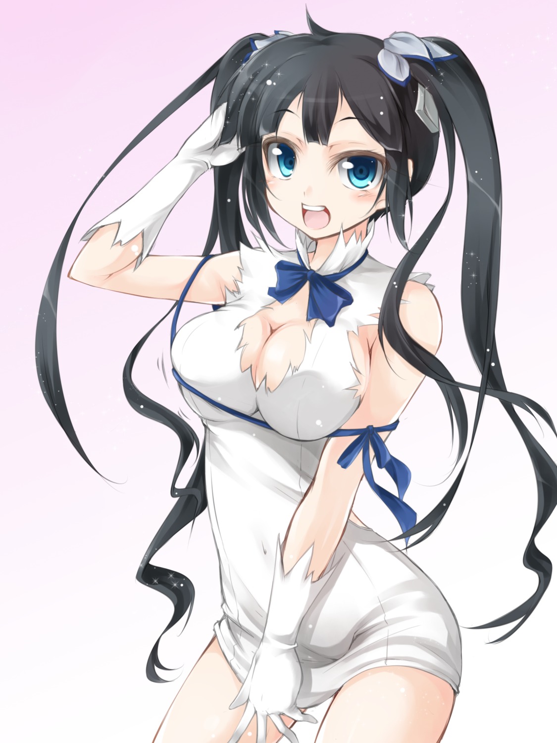 cleavage, dress, dungeon_ni_deai_wo_motomeru_no_wa_machigatteiru_darou_ka, fuyuno_taka, hestia_(danmachi), no_bra