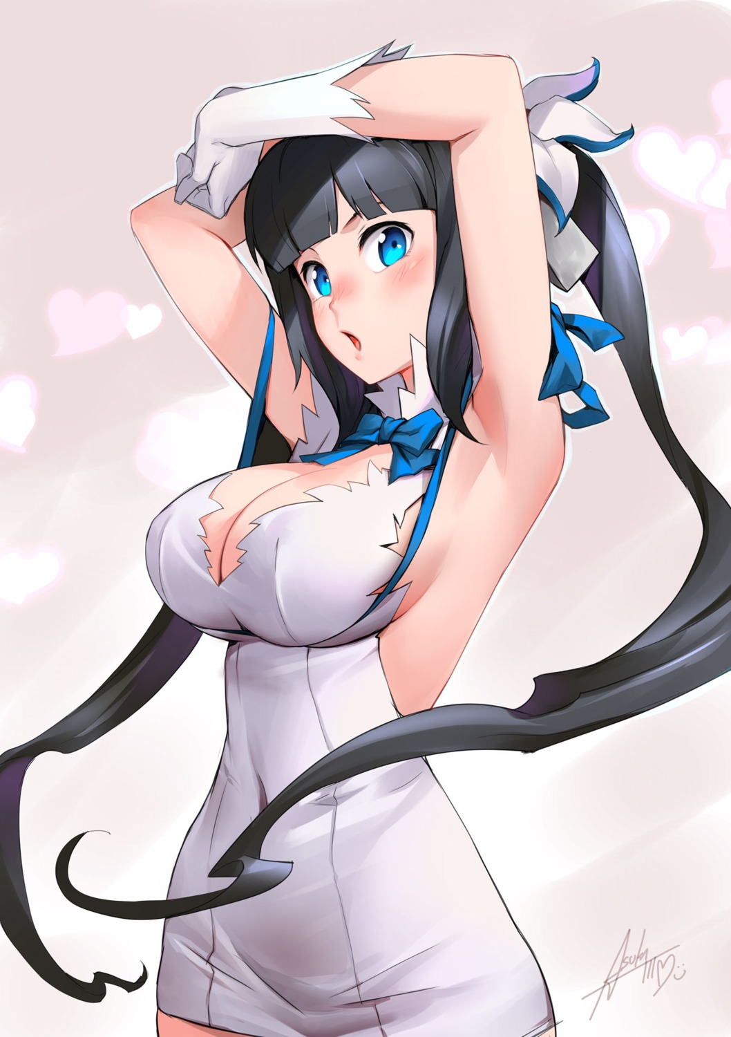 cleavage, dress, dungeon_ni_deai_wo_motomeru_no_wa_machigatteiru_darou_ka, hestia_(danmachi), no_bra, patipat_asavasena