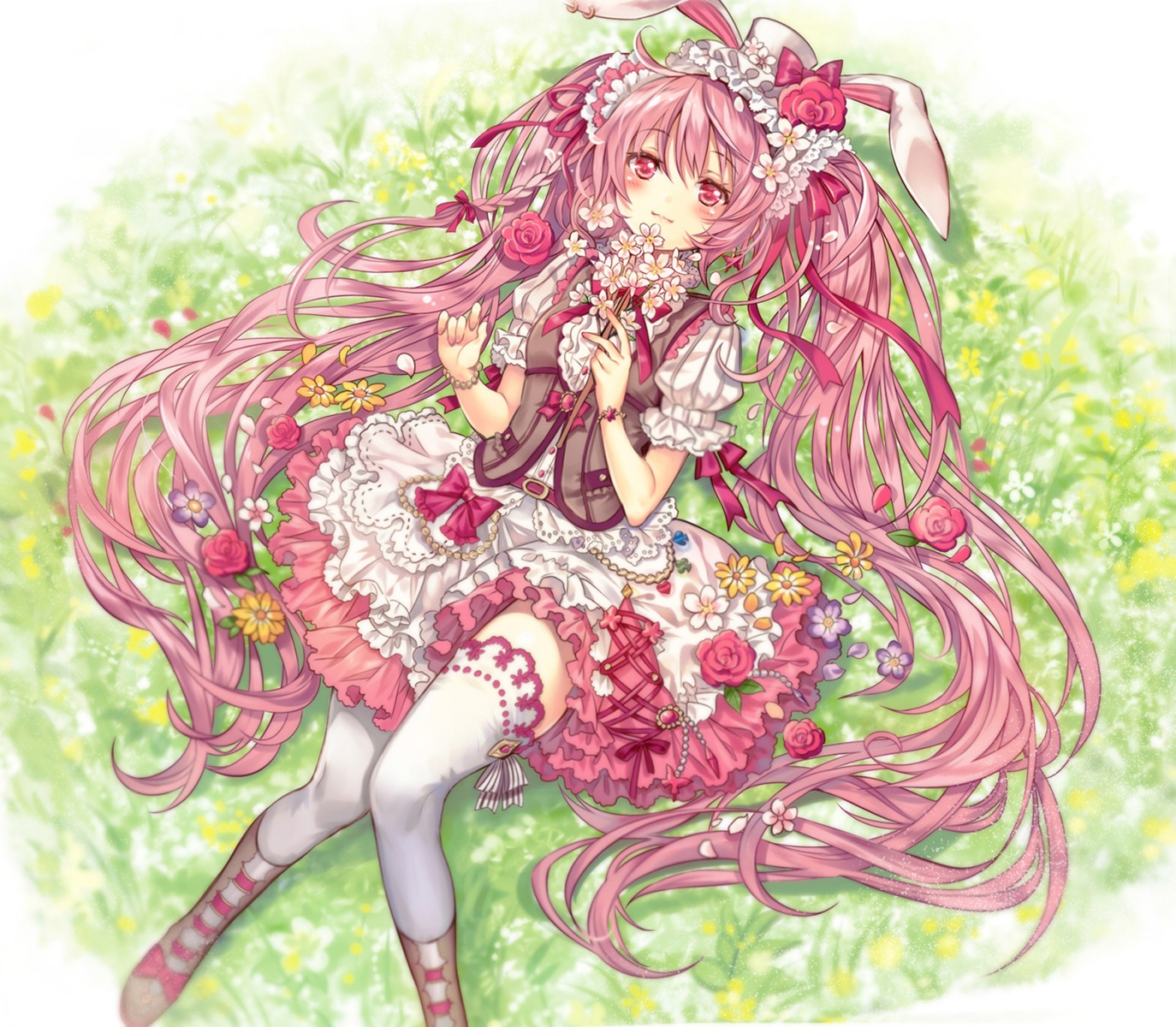 animal_ears, bunny_ears, dress, gothic_lolita, lolita_fashion, madogawa, thighhighs