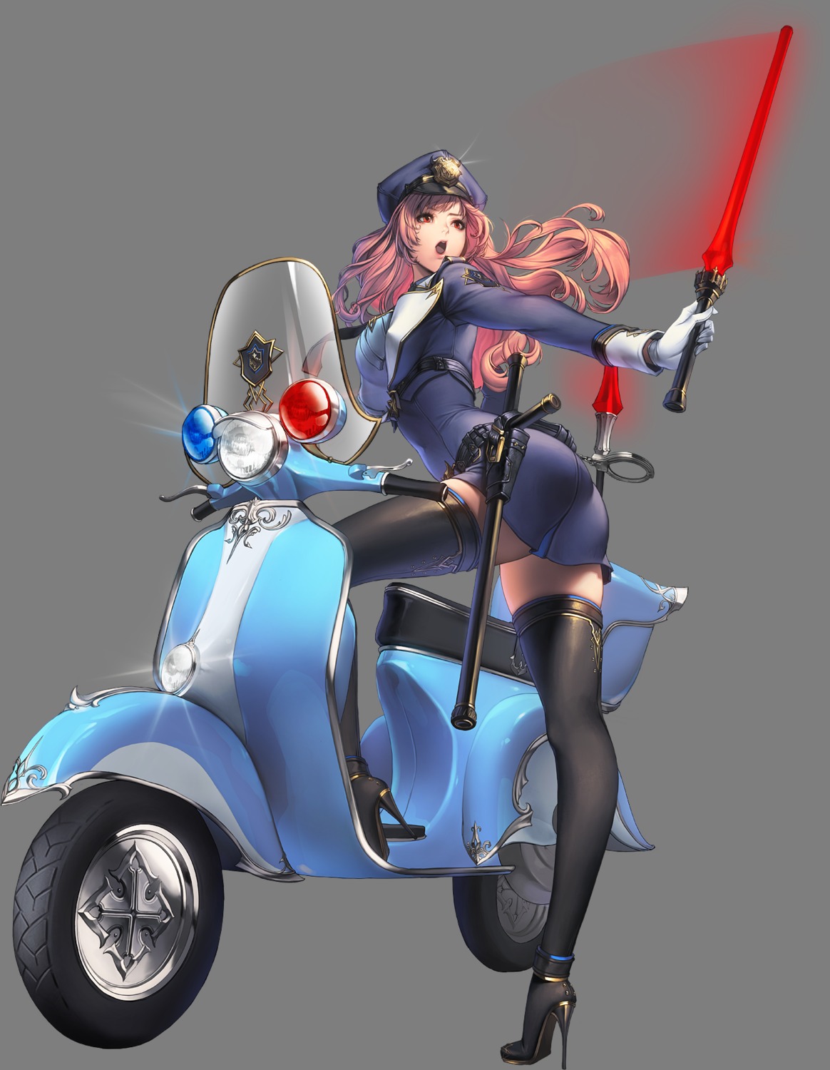 ass, chaos_hero_online, edelyn, heels, love_cacao, police_uniform, thighhighs, transparent_png, weapon