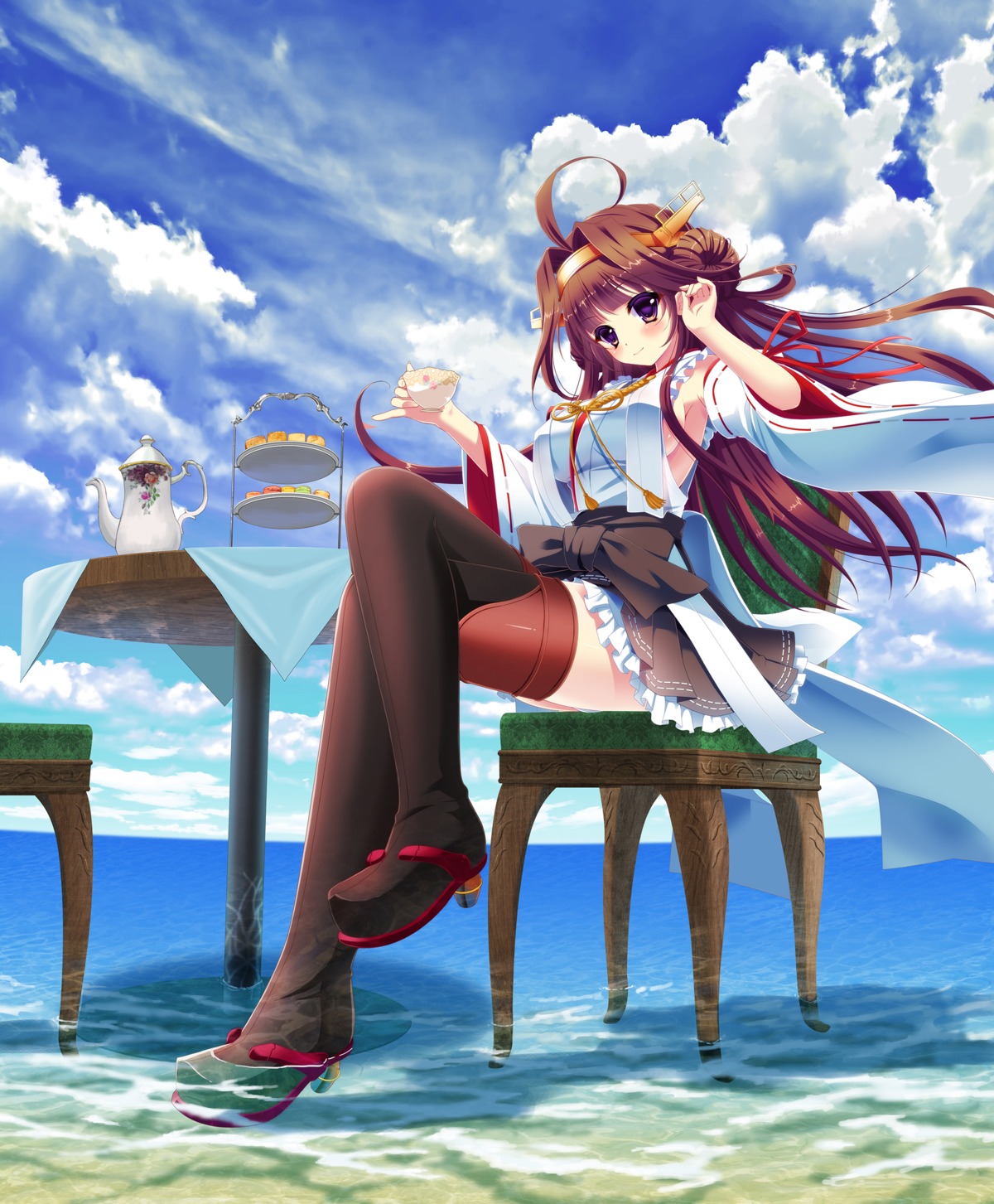 heels, ichi_rin, kantai_collection, kongou_(kancolle), no_bra, thighhighs, wet