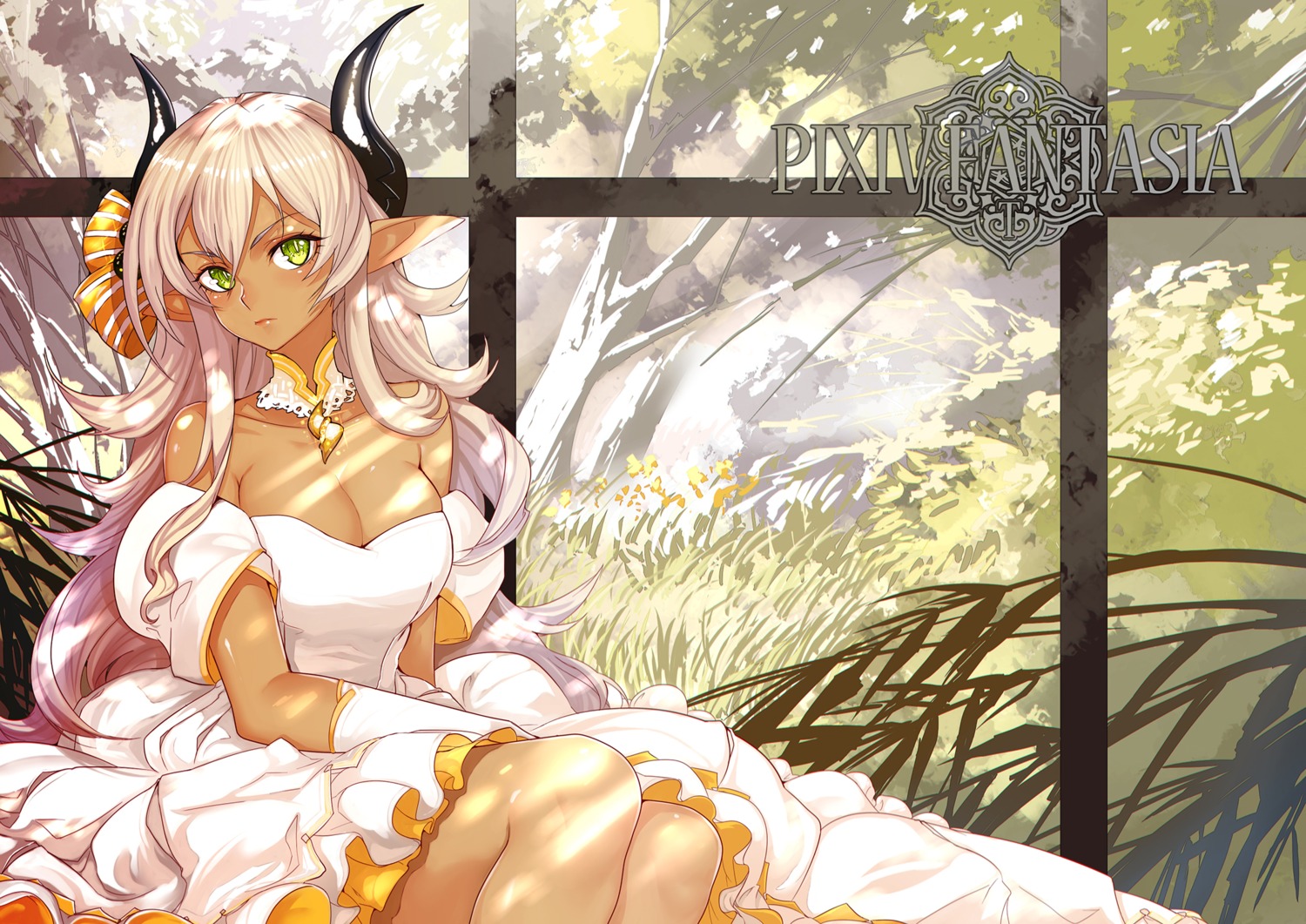 cleavage, dress, horns, pixiv_fantasia, pixiv_fantasia_t, pointy_ears, realmbw