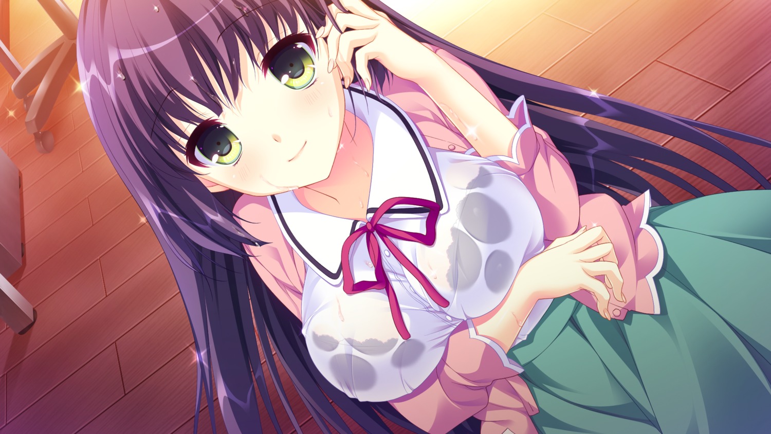 bra, breast_hold, escu:de, game_cg, kuroki_ayame, open_shirt, panical_confusion, see_through, seifuku, shiwasu_horio, wet_clothes