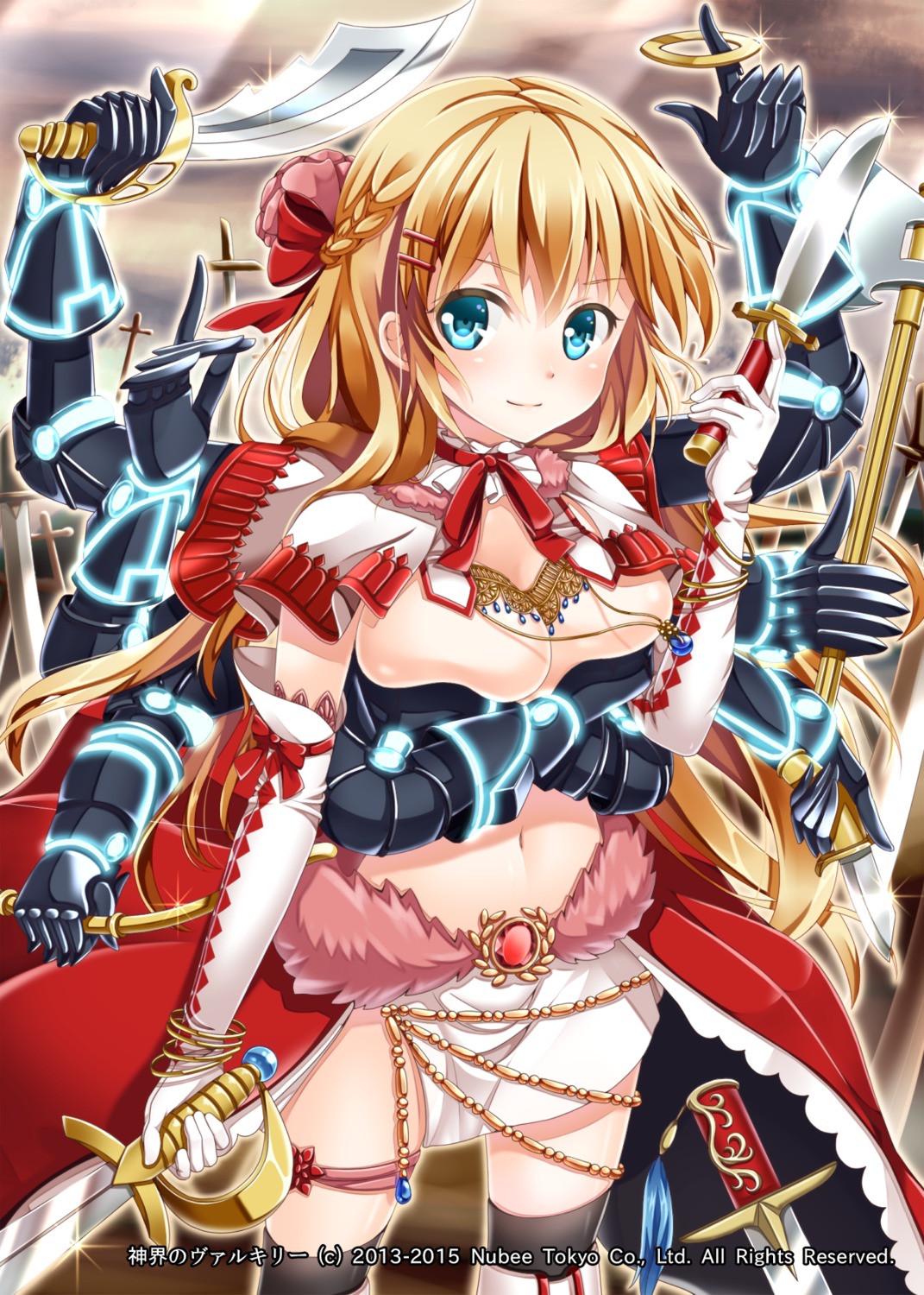 breast_hold, hakuda_tofu, monster_girl, nubee, shinkai_no_valkyrie, sword, thighhighs, topless