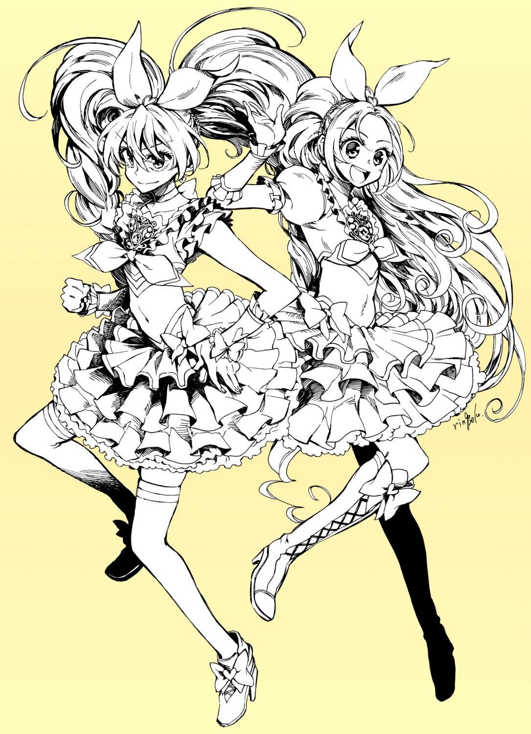heels, houjou_hibiki, minamino_kanade, monochrome, precure, ringo78, suite_precure, thighhighs