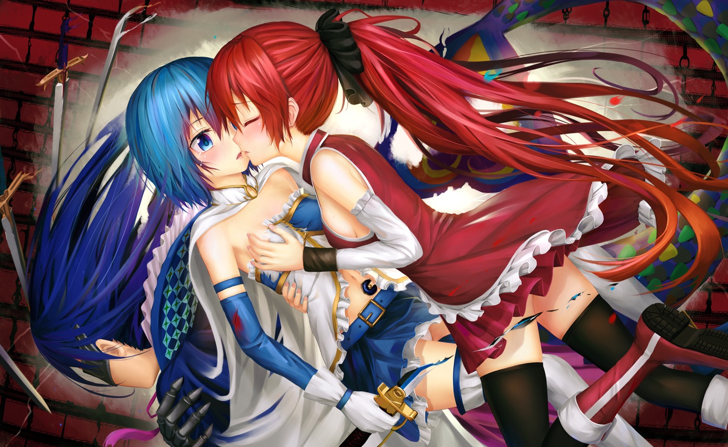 aki99, breast_grab, mahou_shoujo_madoka_magica, miki_sayaka, no_bra, oktavia_von_seckendorff, pantsu, sakura_kyouko, sword, thighhighs, torn_clothes, yuri