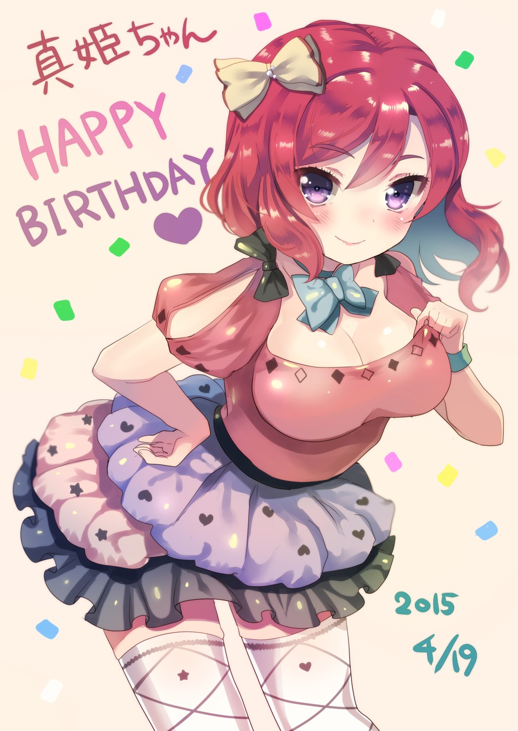 cleavage, dress, hikarino, love_live!, love_live!_(series), nishikino_maki, thighhighs