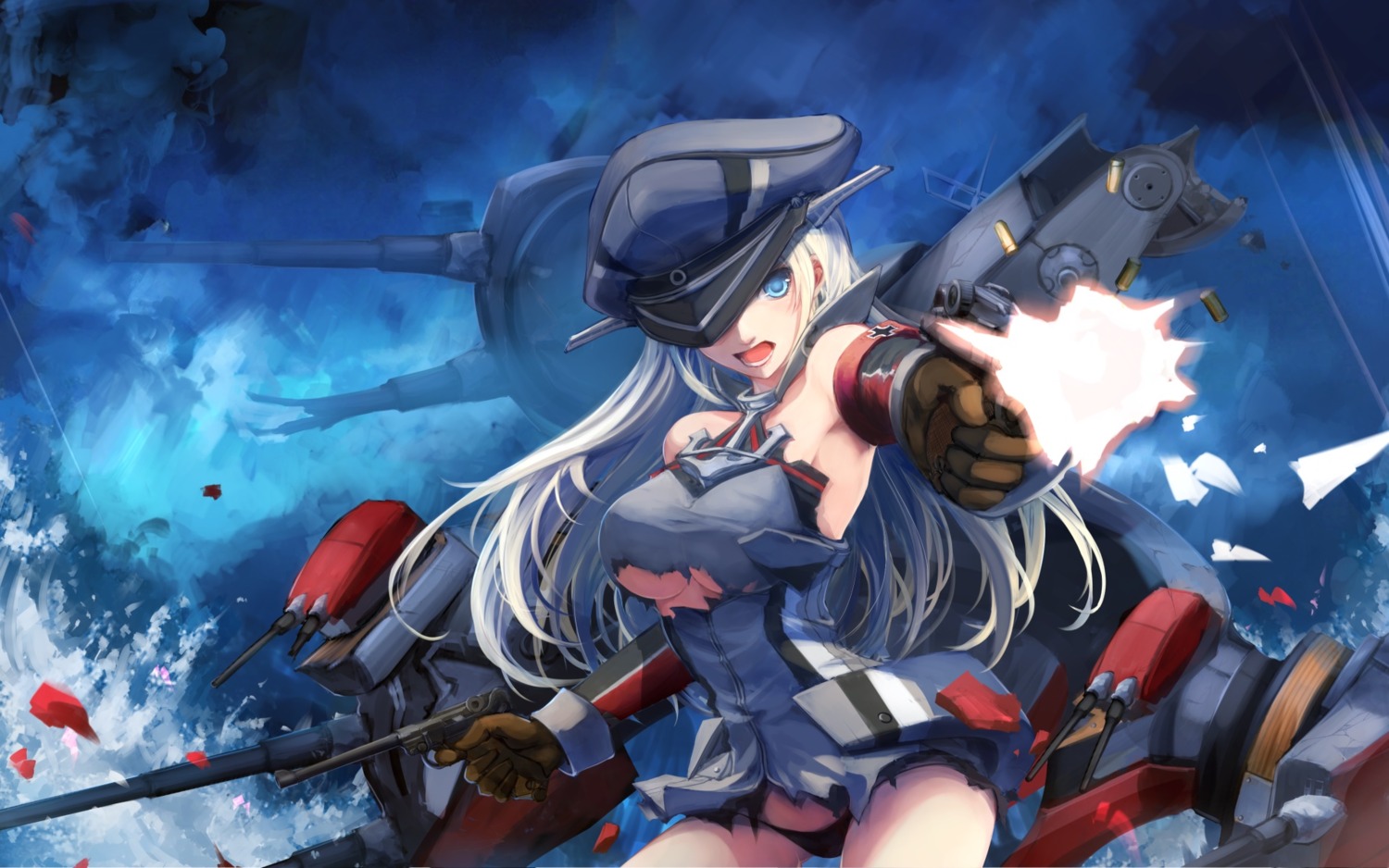 bismarck_(kancolle), gun, kantai_collection, pantsu, pepsimen, torn_clothes, underboob