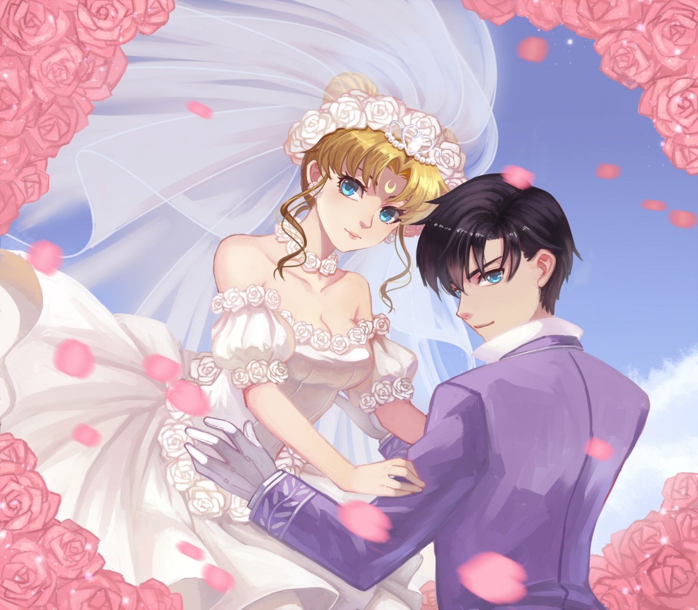 bishoujo_senshi_sailor_moon, chiba_mamoru, cleavage, douyougen, dress, tsukino_usagi, wedding_dress