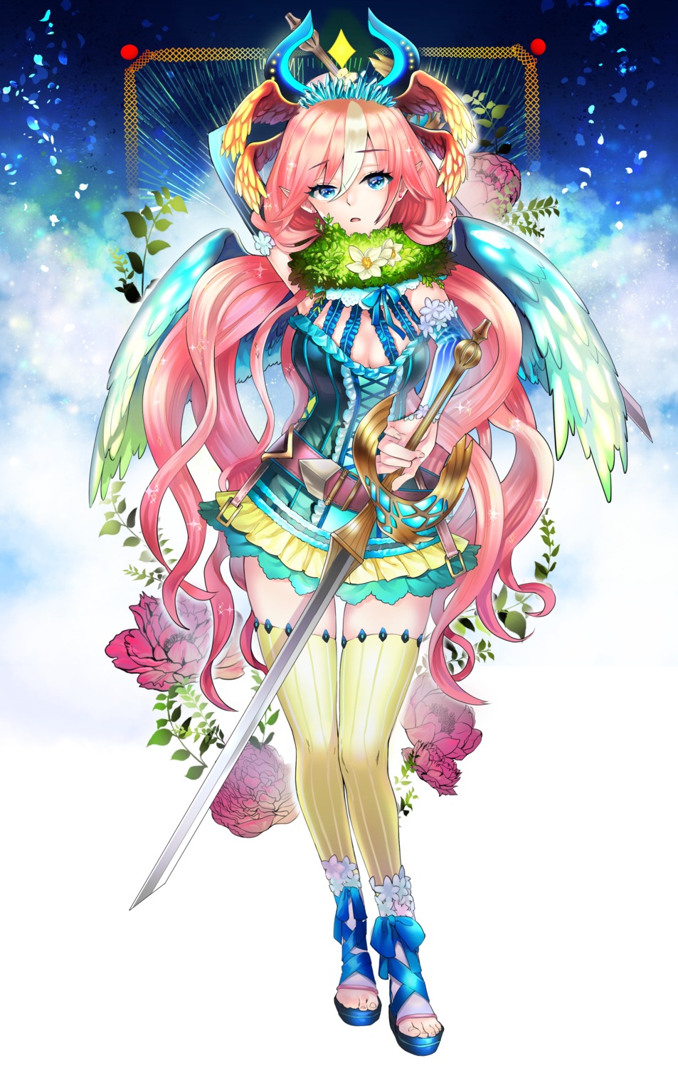 cleavage, sword, thighhighs, wings, yamanashi_kawanashi