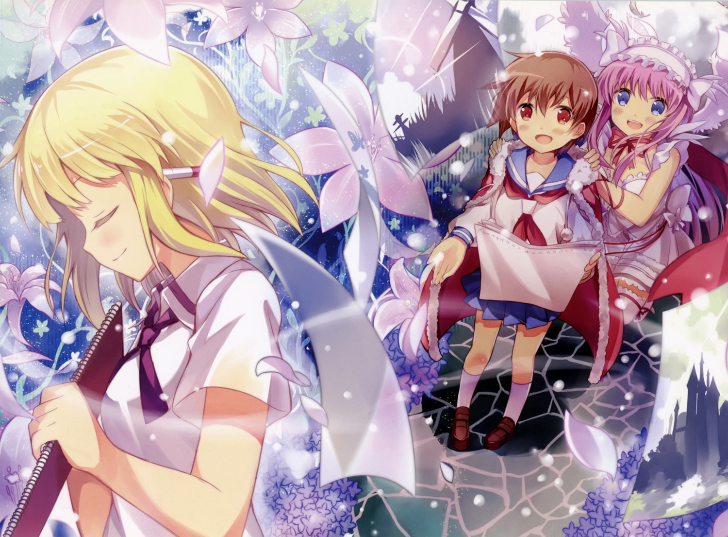 aislinn_wishart, dress, haramura_nodoka, kinoshita_neko, miyanaga_saki, saki, seifuku, thighhighs