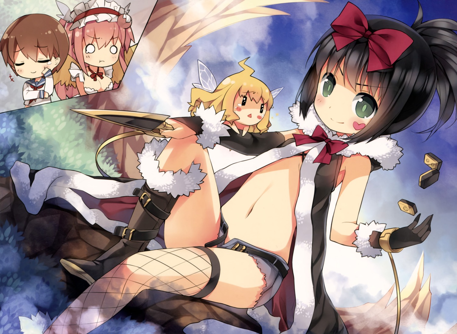 chibi, cleavage, dress, fishnets, haramura_nodoka, kunihiro_hajime, miyanaga_saki, ryuumonbuchi_touka, saki, saru, seifuku, wings